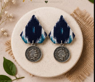 Blue ikat fabric earring