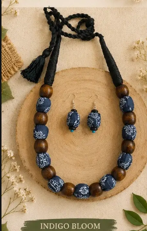 Indigo Bloom Wooden bead necklace